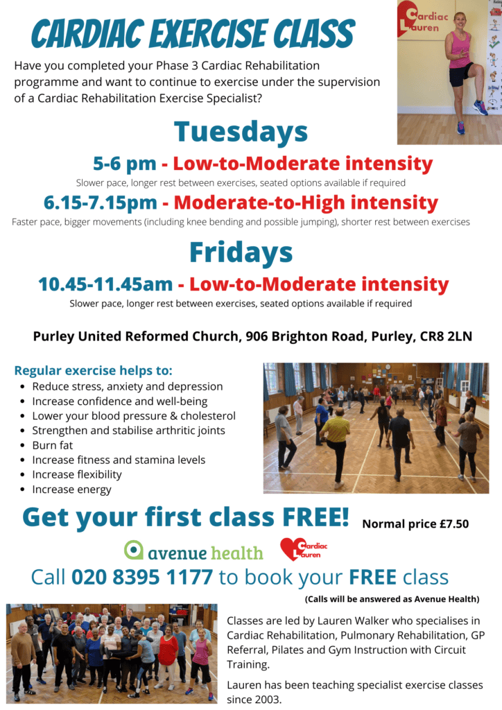 Purley Cardiac Rehabilitation face-to-face classes, Surrey, Phase 4, Phase IV with Cardiac Lauren