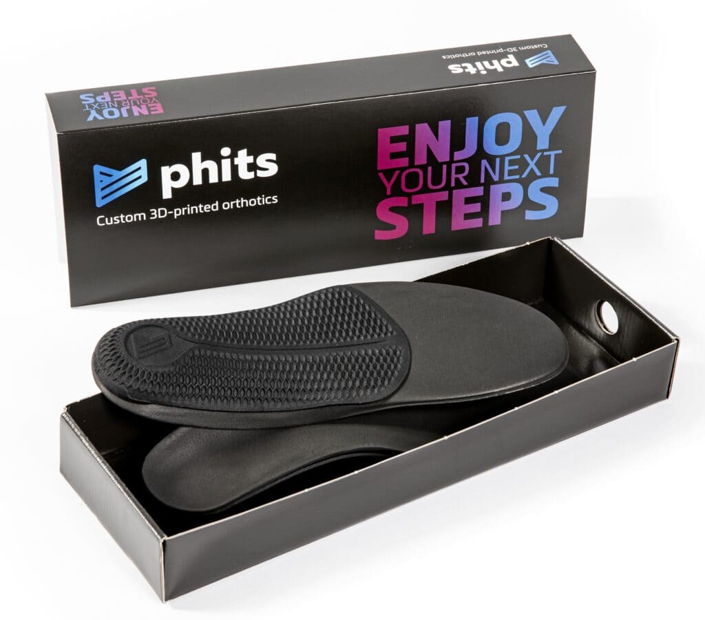 Phits orthotics and Avenue Health and the box they come in custom 3d-printed orthotics