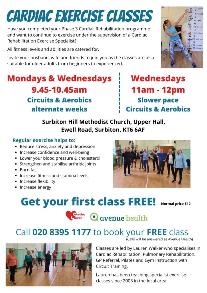 Cardiac rehabilitation phase 4 Phase IV exercise classes in Surbiton, Surrey, Kingston-Upon-Thames, face-to-face circuit and aerobic classes